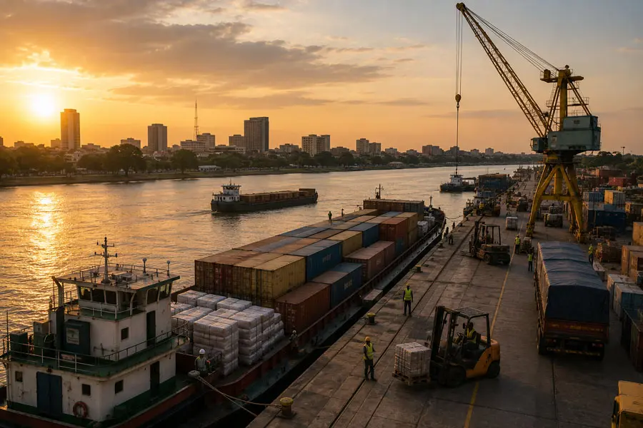 Port fluvial du Congo, barges et conteneurs
