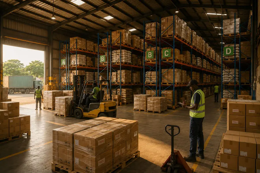 Entrepôt de négoce, rayonnages de marchandises