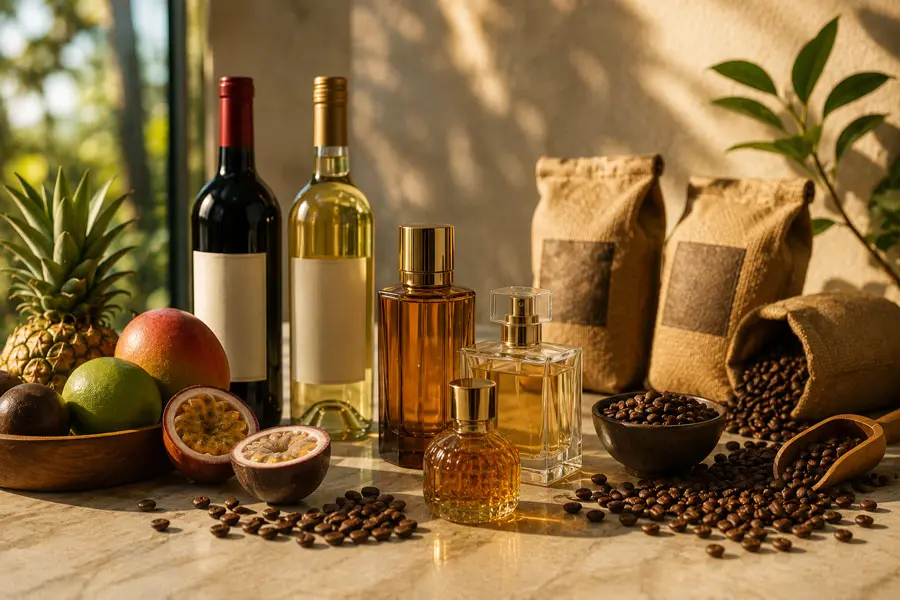 Bouteilles de vin et flacons de parfum alignés sous une lumière naturelle